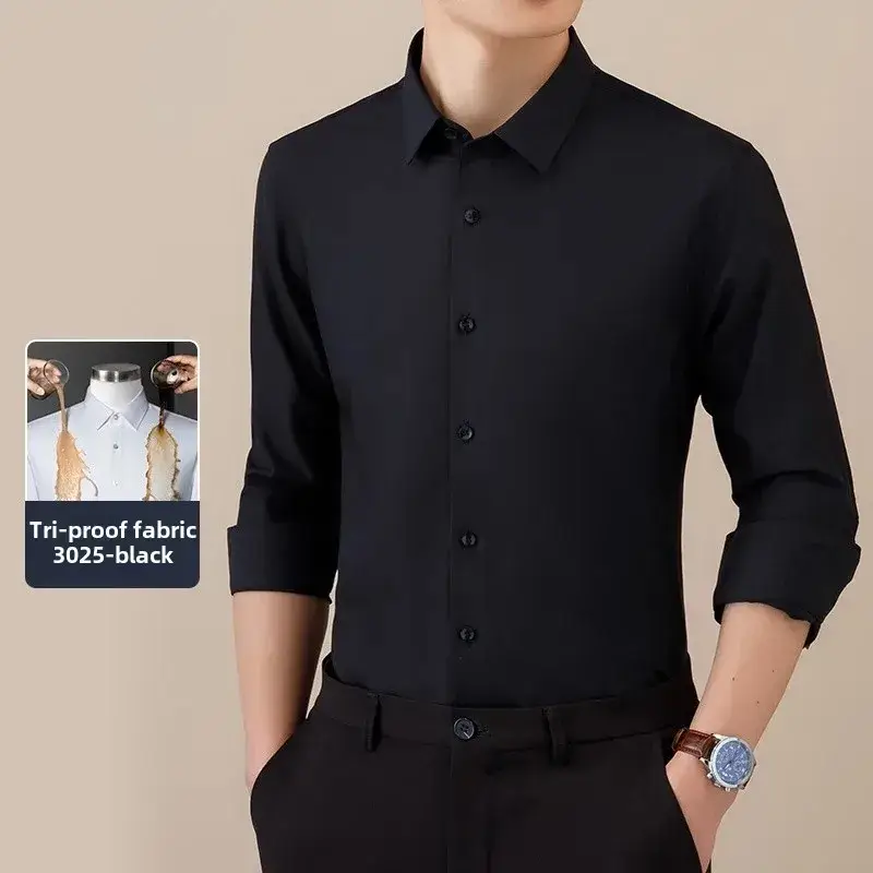 Three-Proof Grey Solid Color Men's Long Sleeve Shirt - Image 37