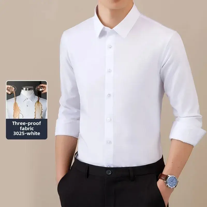 Three-Proof Grey Solid Color Men's Long Sleeve Shirt - Image 3