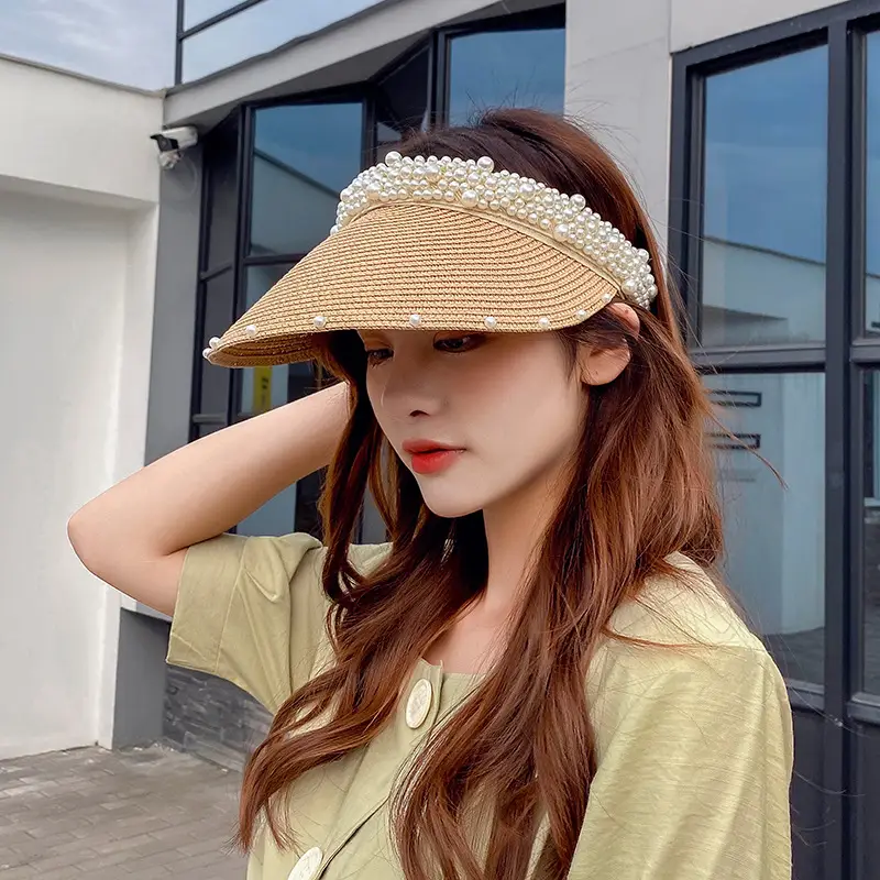 Women Straw Pearl Sunshade Hat with Hair Band - Image 7