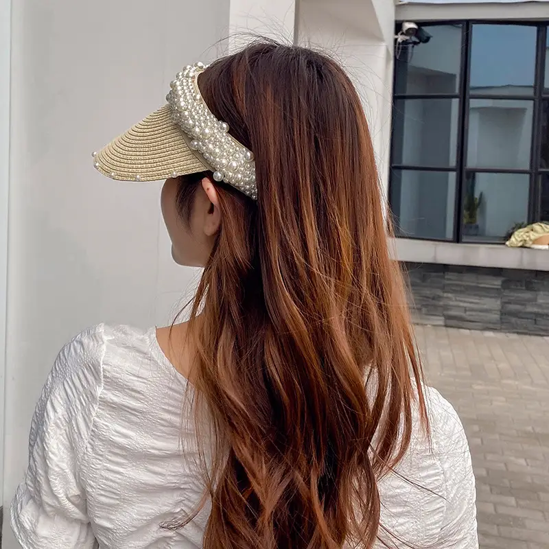 Women Straw Pearl Sunshade Hat with Hair Band - Image 8