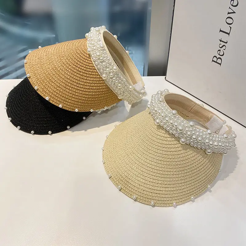 Women Straw Pearl Sunshade Hat with Hair Band - Image 9