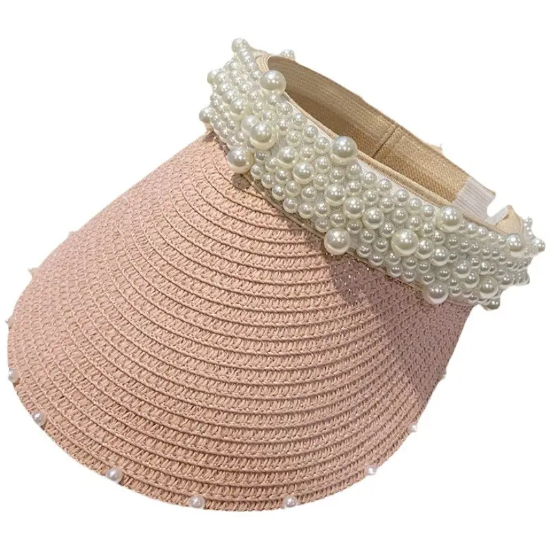 Women Straw Pearl Sunshade Hat with Hair Band - Image 10