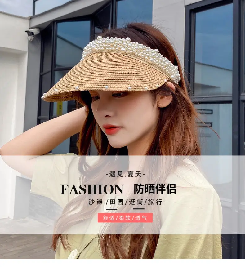 Women Straw Pearl Sunshade Hat with Hair Band — feature 1