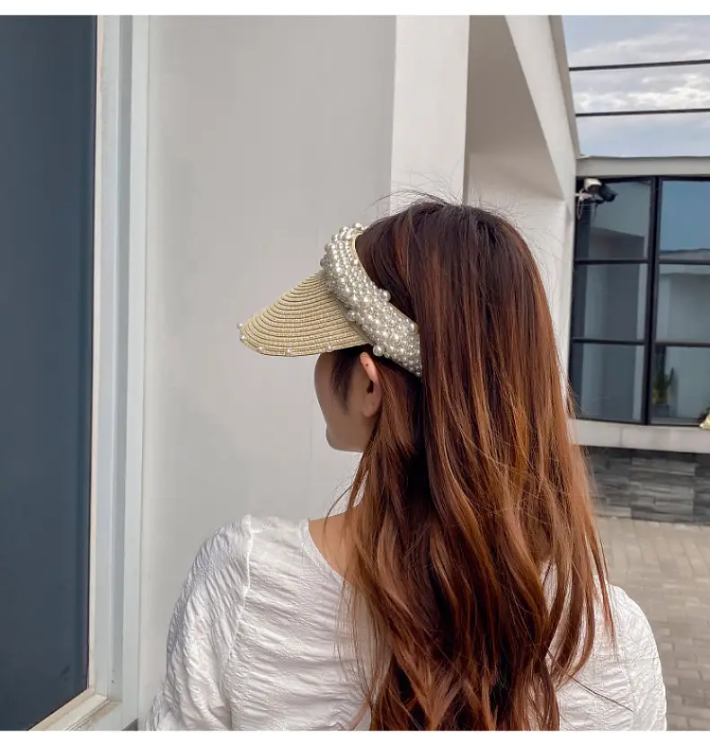 Women Straw Pearl Sunshade Hat with Hair Band — feature 10