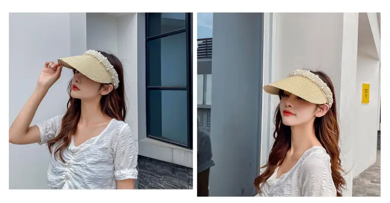 Women Straw Pearl Sunshade Hat with Hair Band — feature 11