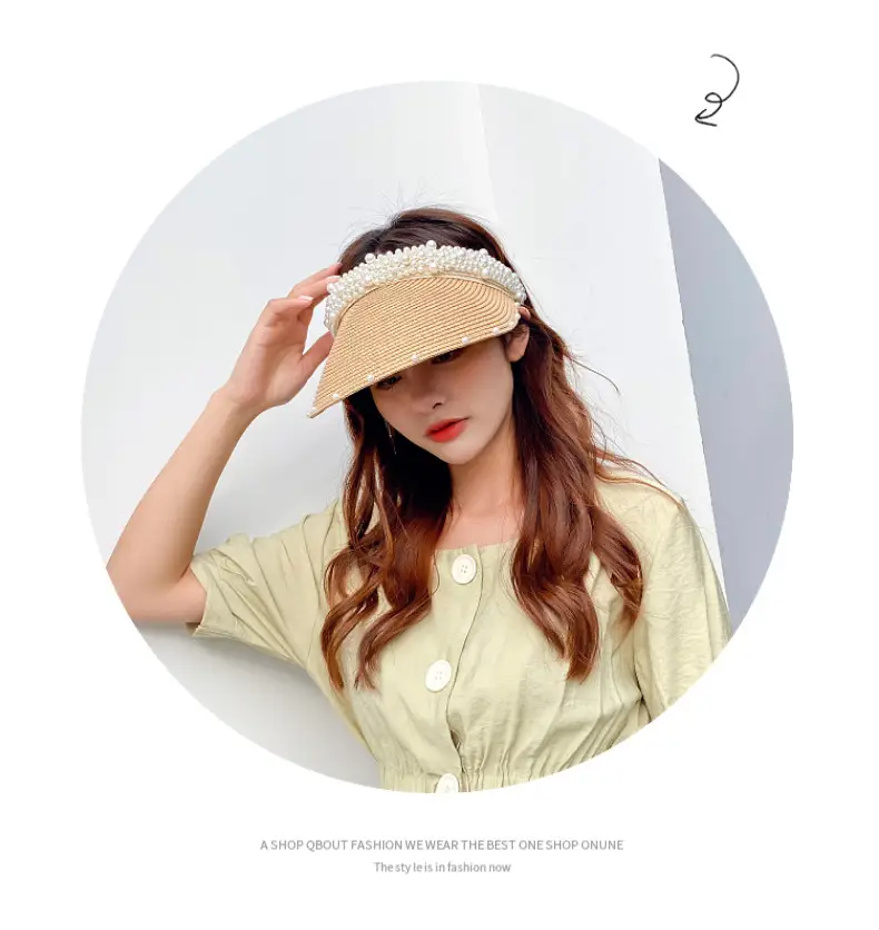 Women Straw Pearl Sunshade Hat with Hair Band — feature 12