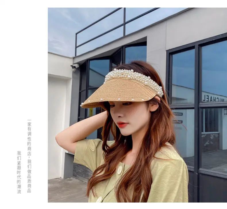 Women Straw Pearl Sunshade Hat with Hair Band — feature 13