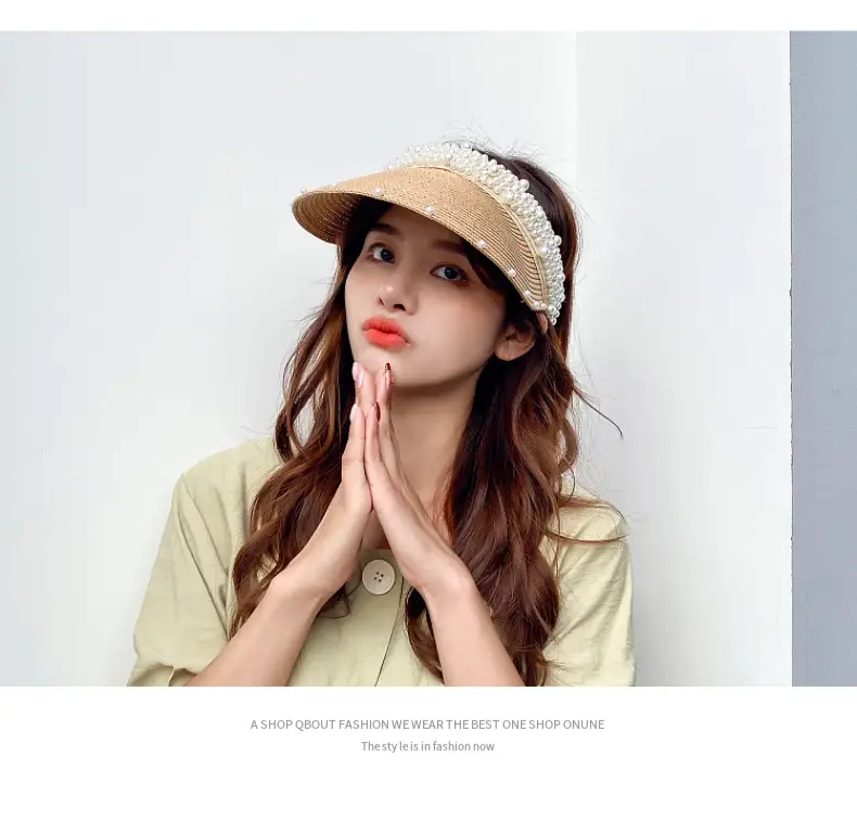 Women Straw Pearl Sunshade Hat with Hair Band — feature 14