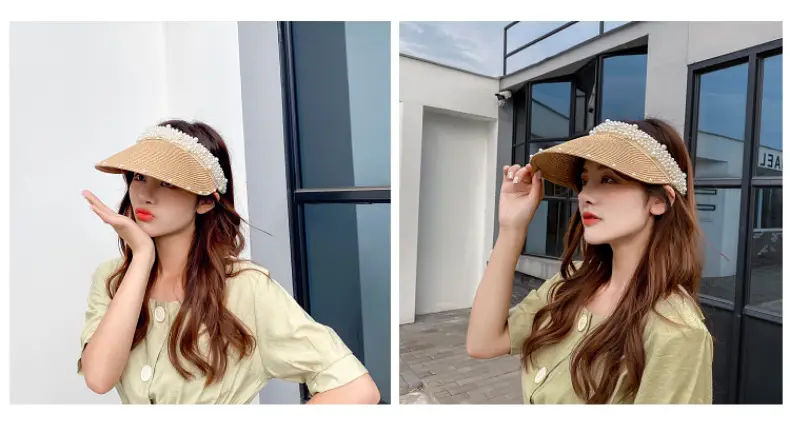Women Straw Pearl Sunshade Hat with Hair Band — feature 15