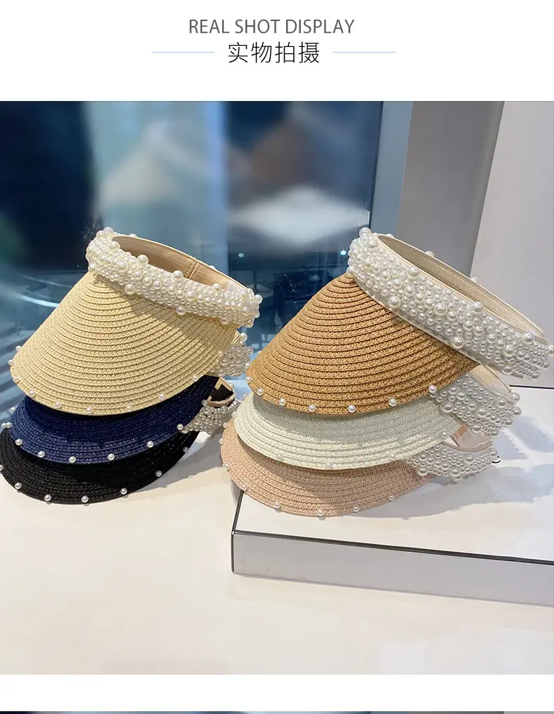 Women Straw Pearl Sunshade Hat with Hair Band — feature 4