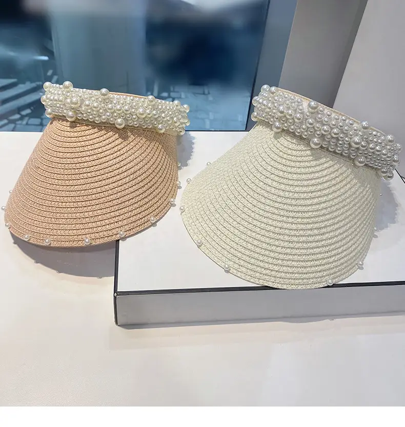 Women Straw Pearl Sunshade Hat with Hair Band — feature 5