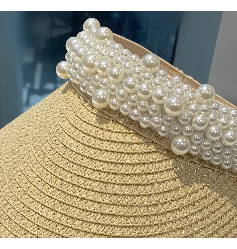 Women Straw Pearl Sunshade Hat with Hair Band — feature 6