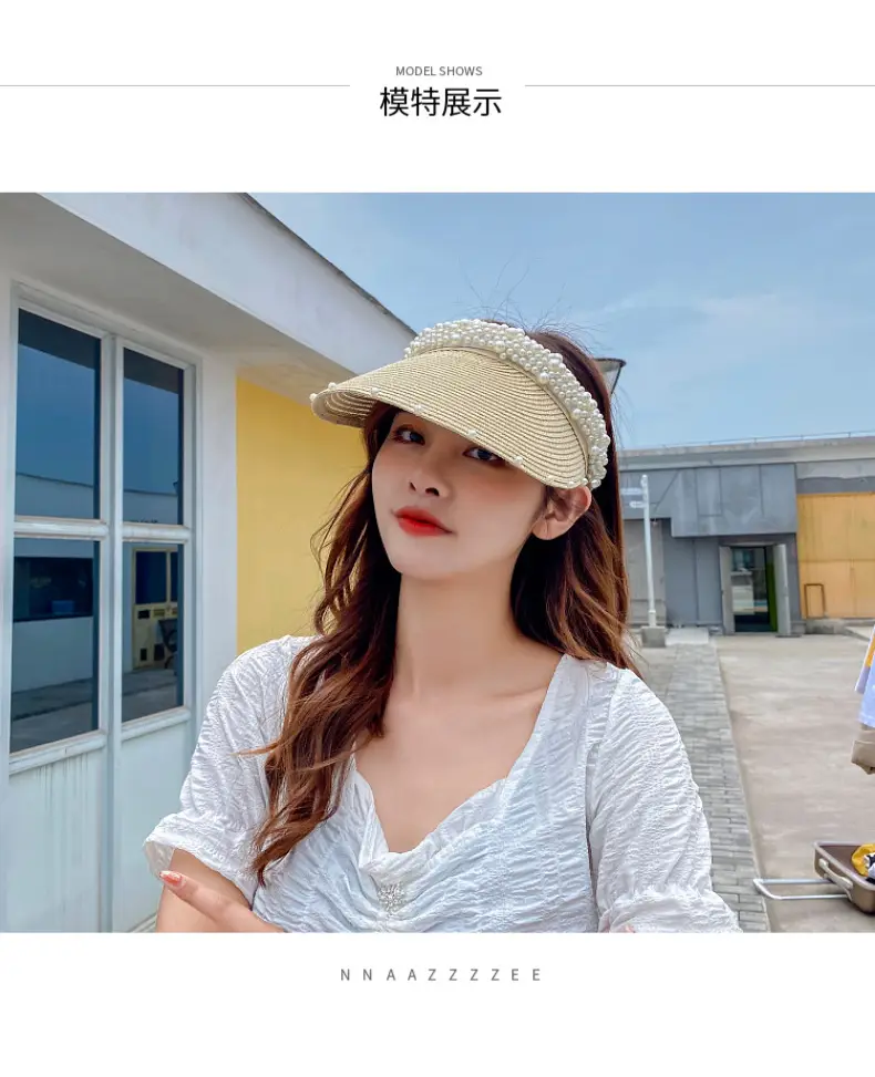 Women Straw Pearl Sunshade Hat with Hair Band — feature 8
