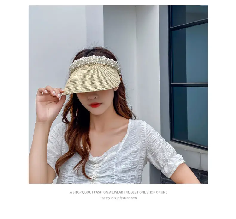 Women Straw Pearl Sunshade Hat with Hair Band — feature 9