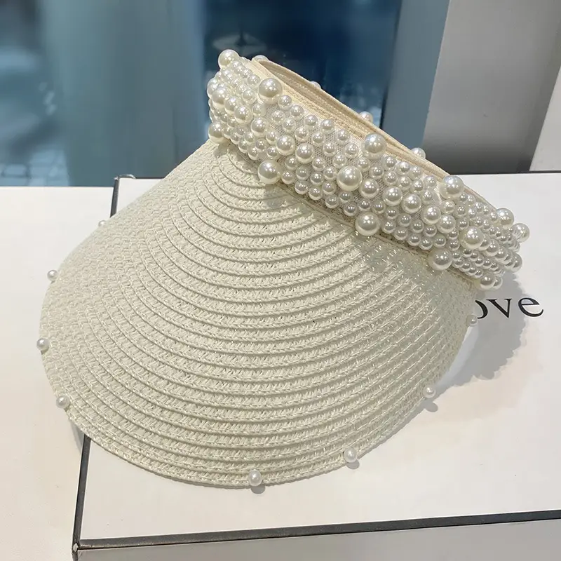 Women Straw Pearl Sunshade Hat with Hair Band - Image 2