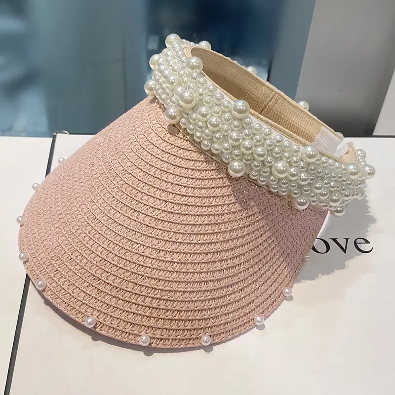 Women Straw Pearl Sunshade Hat with Hair Band - Image 3