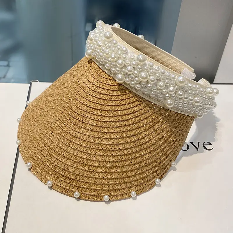 Women Straw Pearl Sunshade Hat with Hair Band - Image 4
