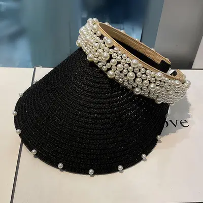 Women Straw Pearl Sunshade Hat with Hair Band - Image 5