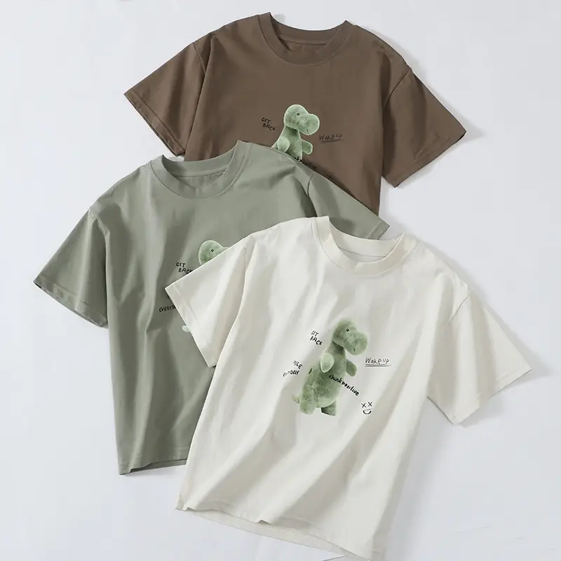 Boy's Green Bear Print T-Shirt White Cotton Summer Wear