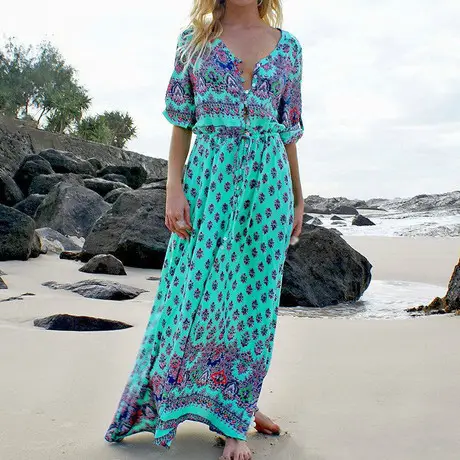 Printed Printed Long Sleeve Printed Dress Red Blue