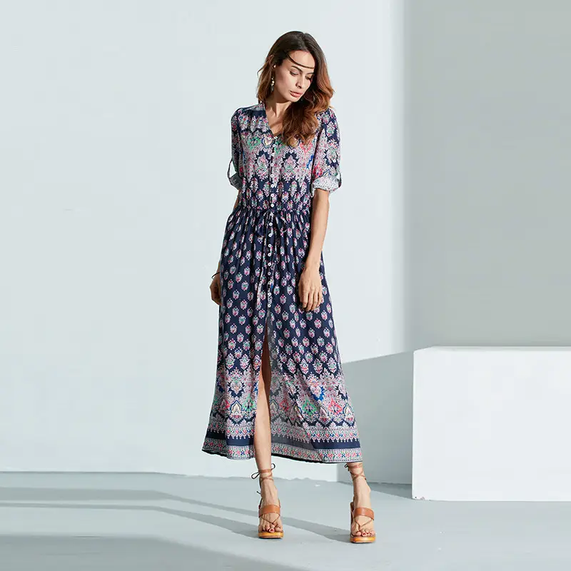 Printed Printed Long Sleeve Printed Dress Red Blue — feature 10
