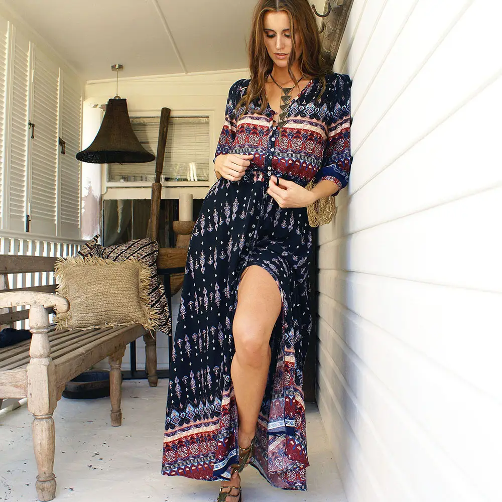 Printed Printed Long Sleeve Printed Dress Red Blue — feature 12
