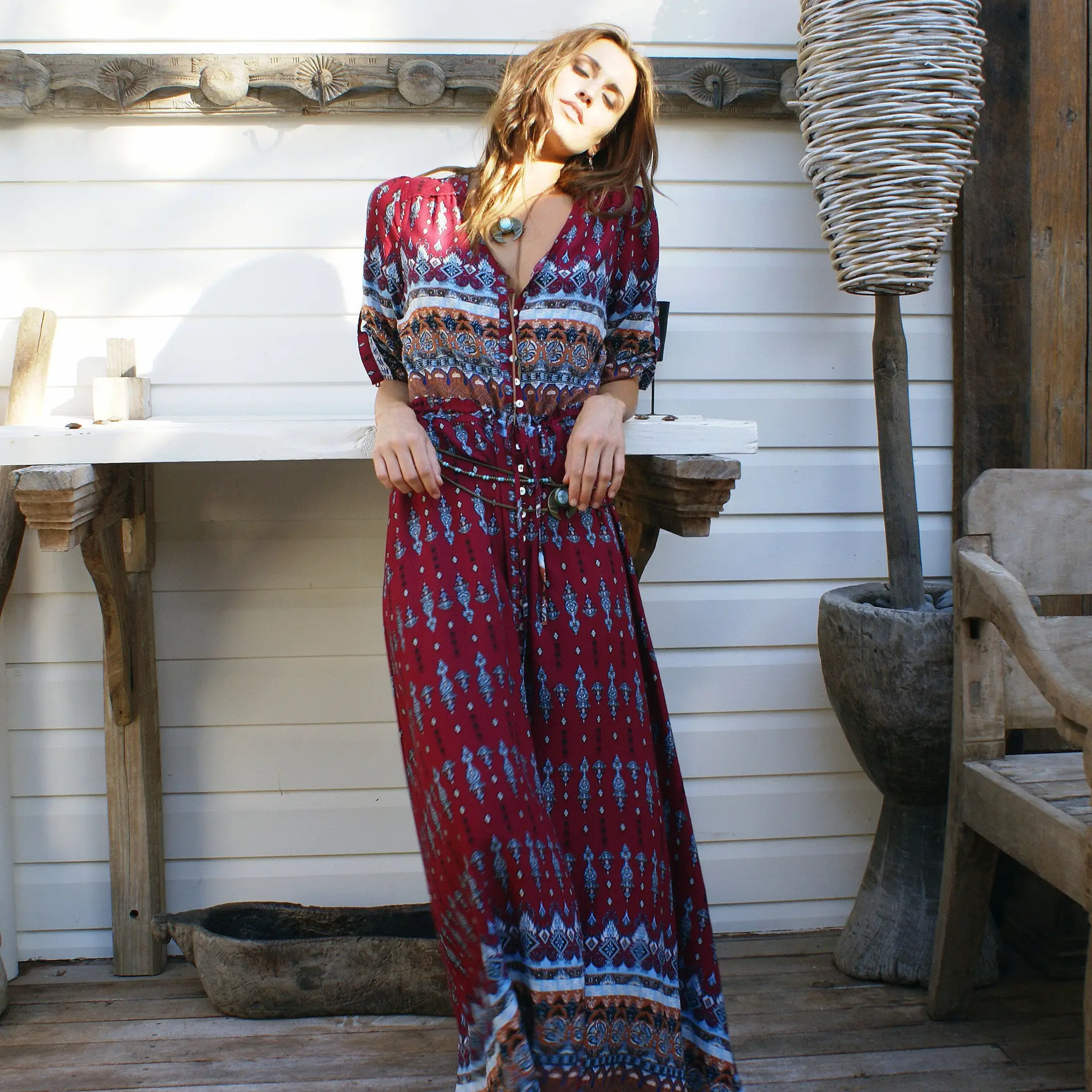 Printed Printed Long Sleeve Printed Dress Red Blue — feature 13