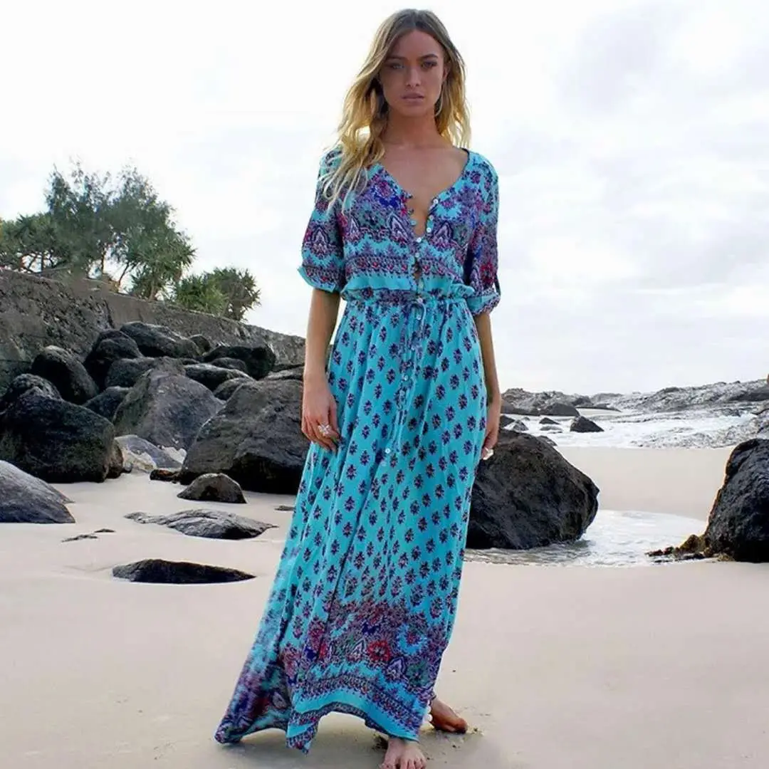 Printed Printed Long Sleeve Printed Dress Red Blue — feature 2