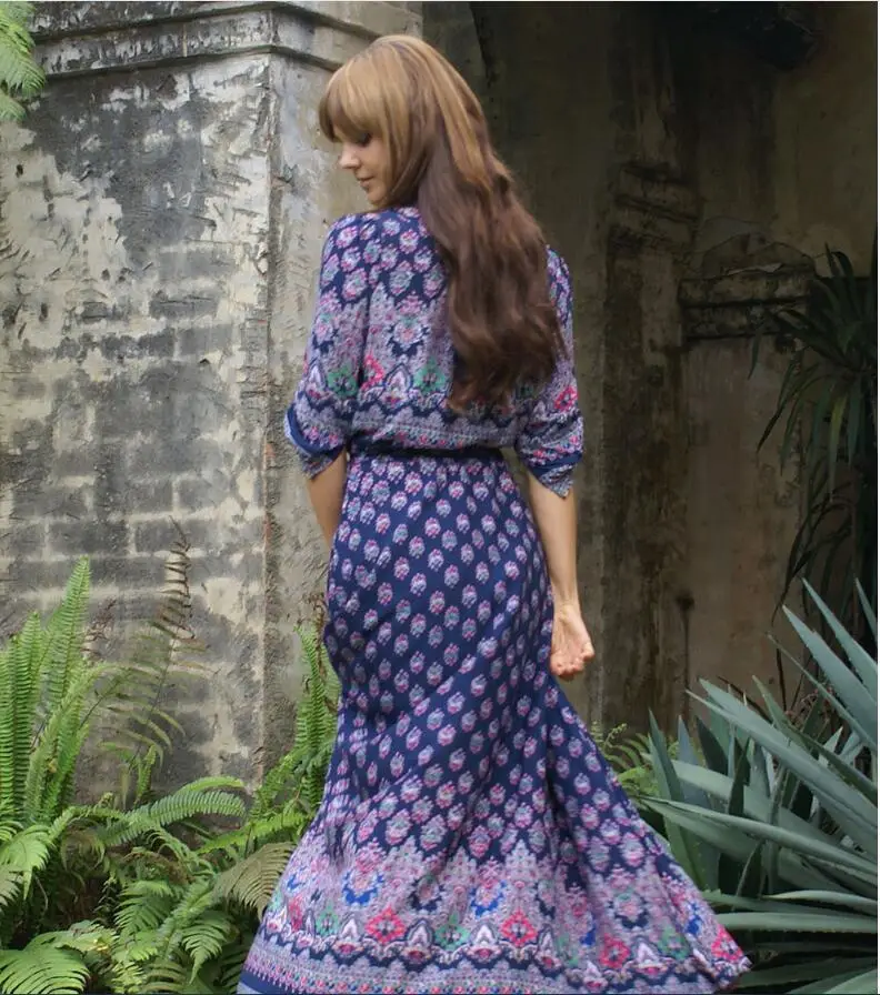 Printed Printed Long Sleeve Printed Dress Red Blue — feature 5