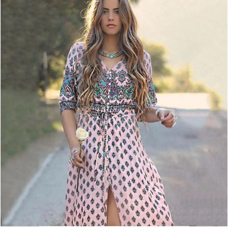 Printed Printed Long Sleeve Printed Dress Red Blue — feature 6