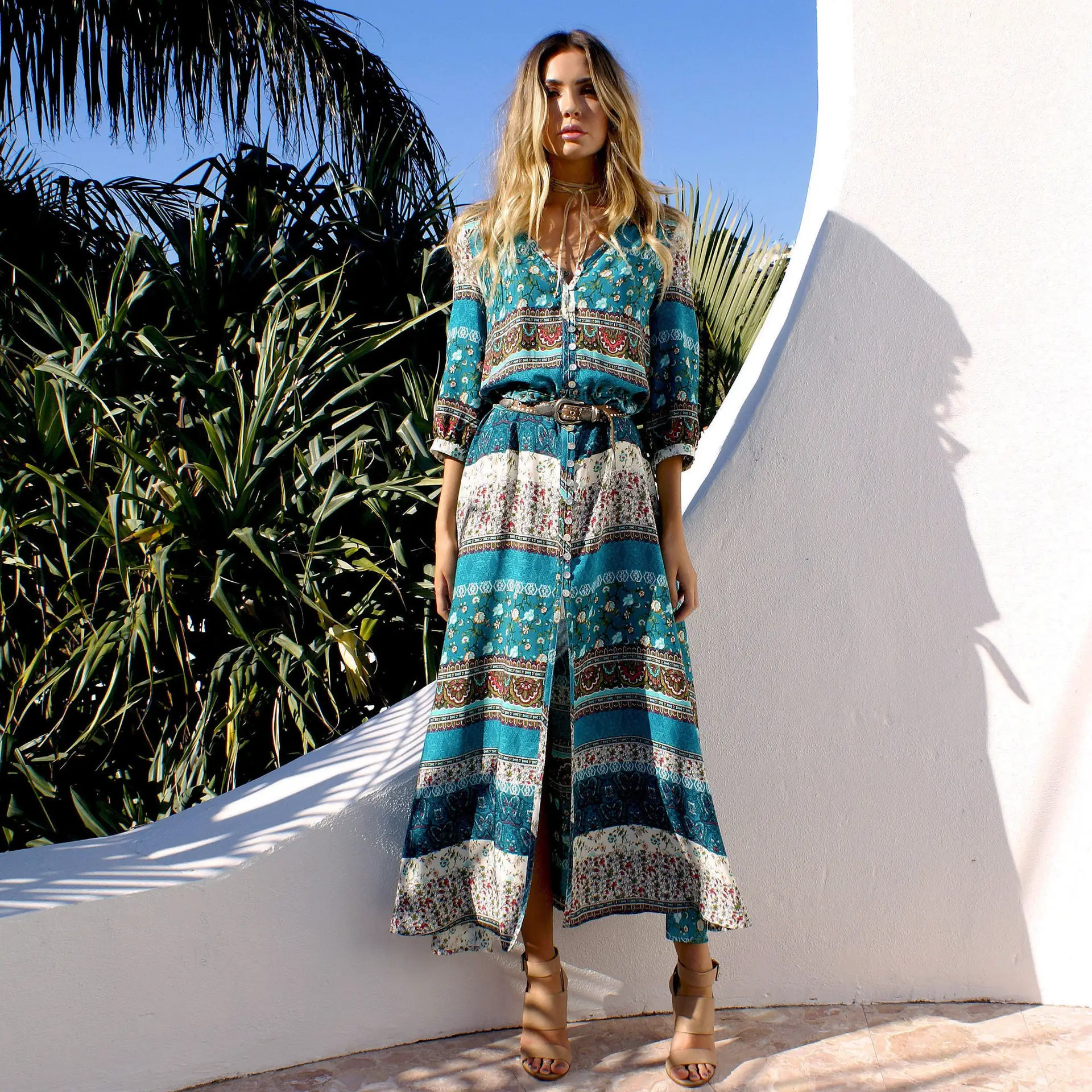 Printed Printed Long Sleeve Printed Dress Red Blue — feature 9