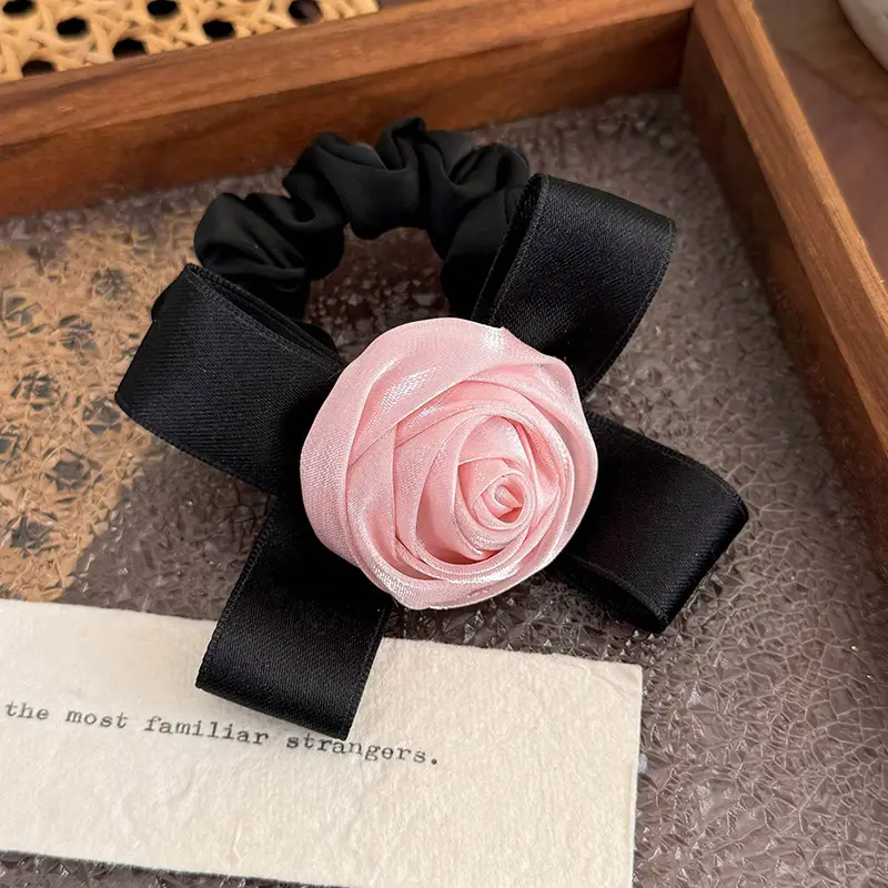 Pink Rose Hair Loop with Black Yarn High Stretch - Image 2