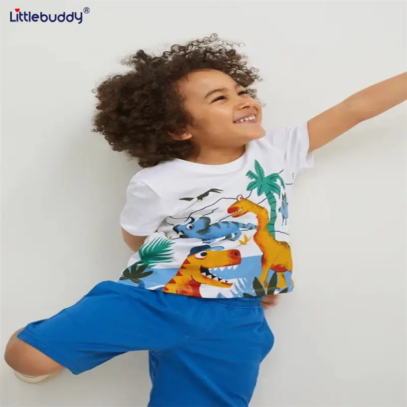 Dinosaur Cotton Kids Summer Suit Blue Shorts - Image 3