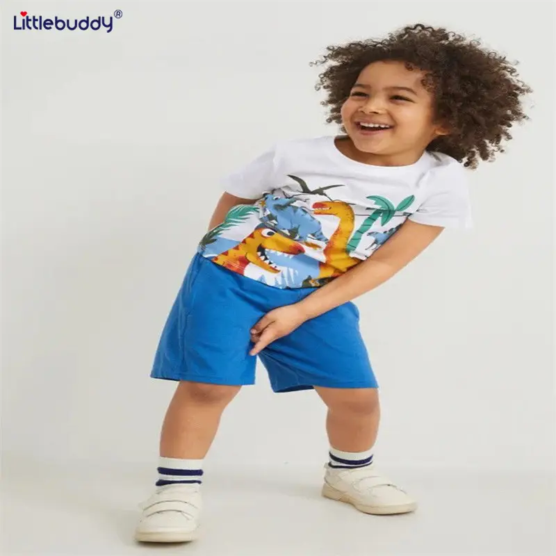 Dinosaur Cotton Kids Summer Suit Blue Shorts - Image 4