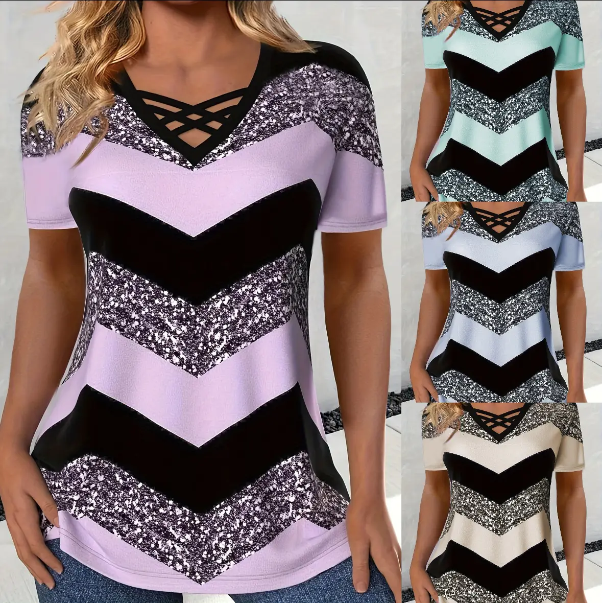 Women V-Neck Striped T-Shirt Black White