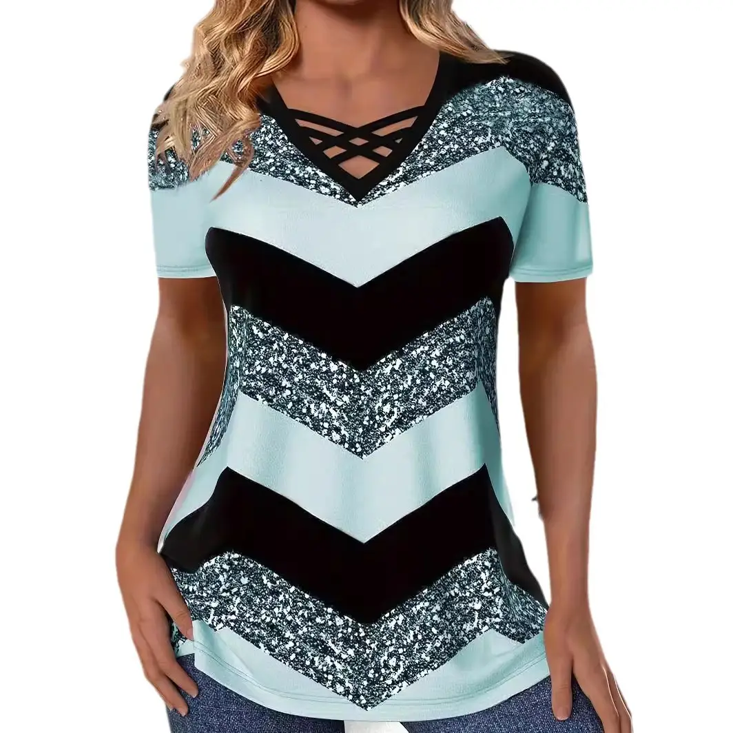 Women V-Neck Striped T-Shirt Black White