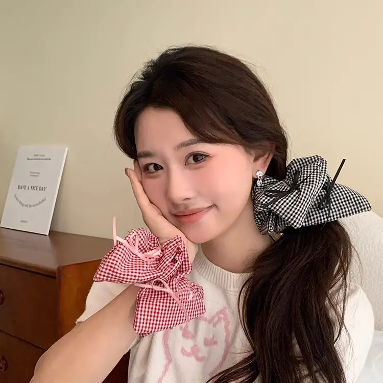 Women's Plaid Bow Hair Ring with Large Intestine Hair Ring