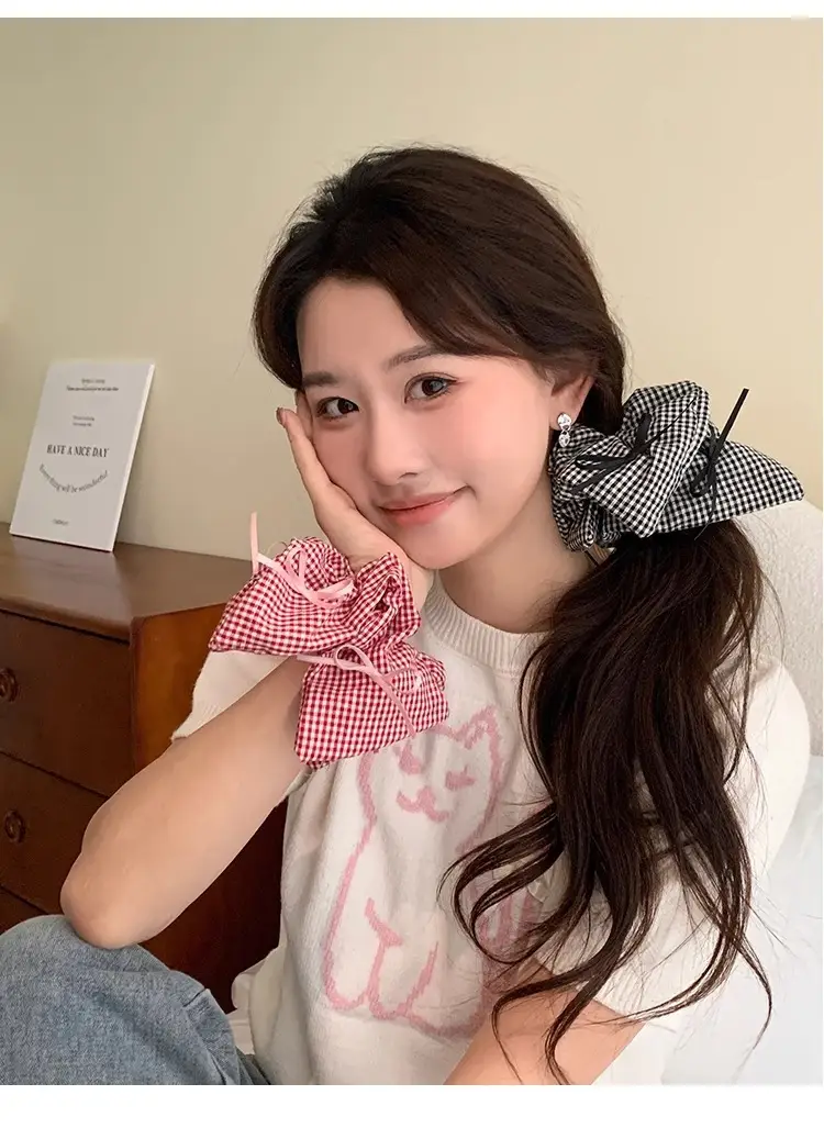 Women's Plaid Bow Hair Ring with Large Intestine Hair Ring — feature 2