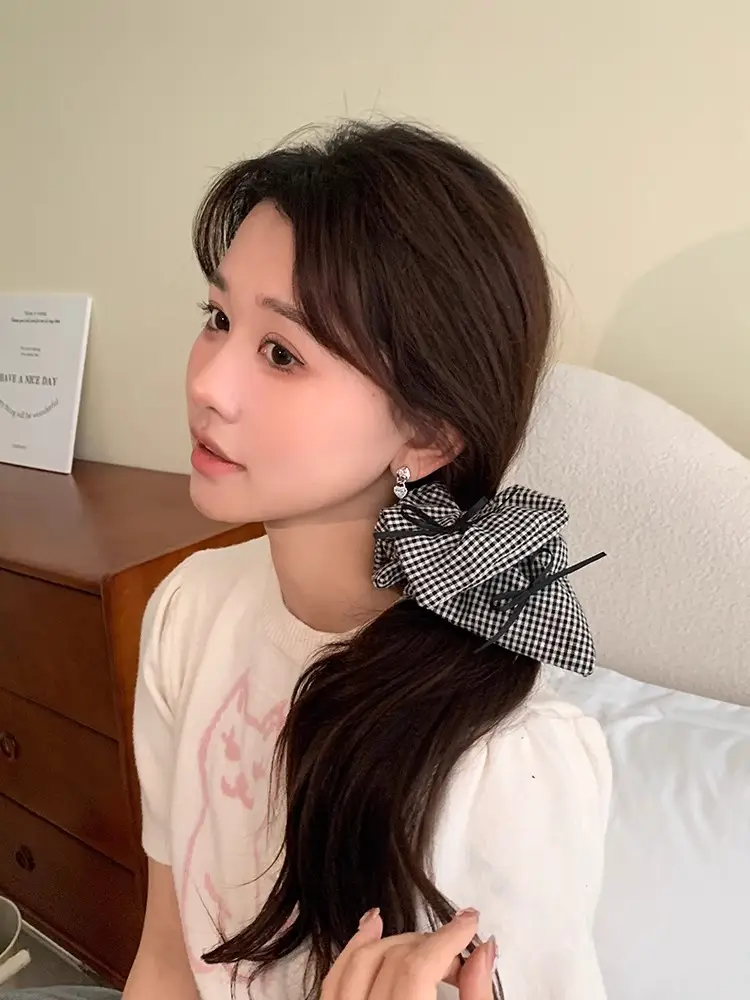 Women's Plaid Bow Hair Ring with Large Intestine Hair Ring