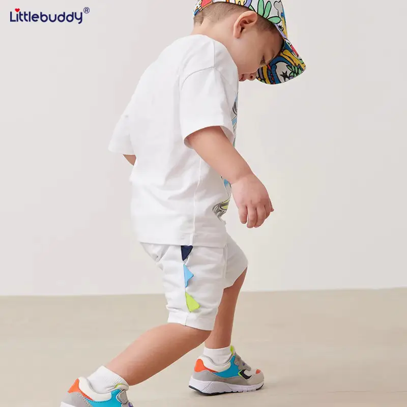 Littlebuddy Boy Summer Suit White Dinosaur Print Cotton - Image 3