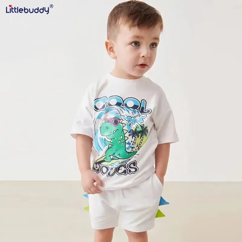 Littlebuddy Boy Summer Suit White Dinosaur Print Cotton - Image 4