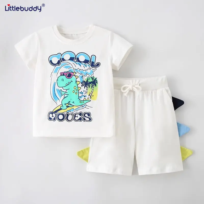 Littlebuddy Boy Summer Suit White Dinosaur Print Cotton - Image 5