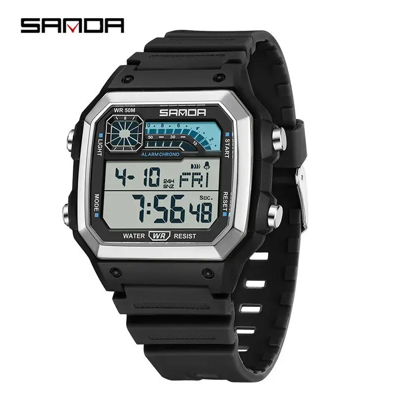 Sanda Square Digital Watch Black Waterproof Multi-Function - Image 3