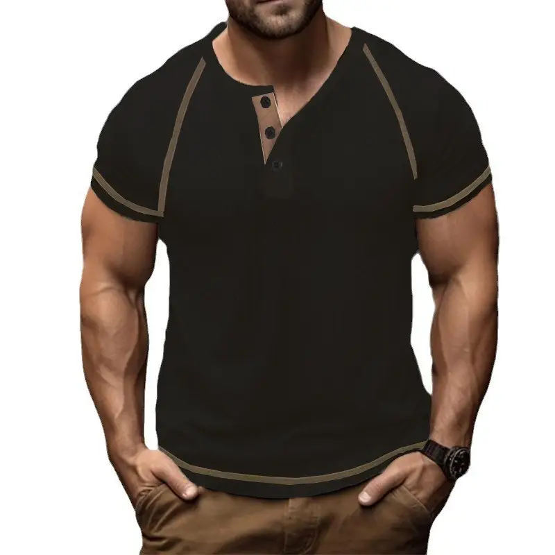 Men's Black Waffle Knit T-Shirt with Button Collar - Image 7