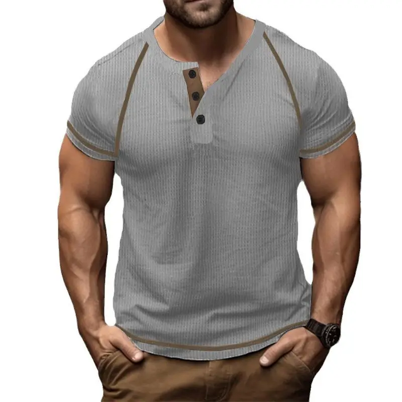 Men's Black Waffle Knit T-Shirt with Button Collar - Image 8