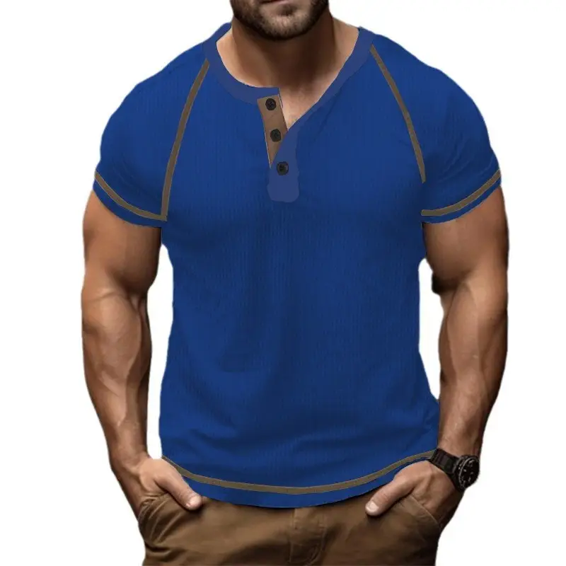 Men's Black Waffle Knit T-Shirt with Button Collar - Image 9