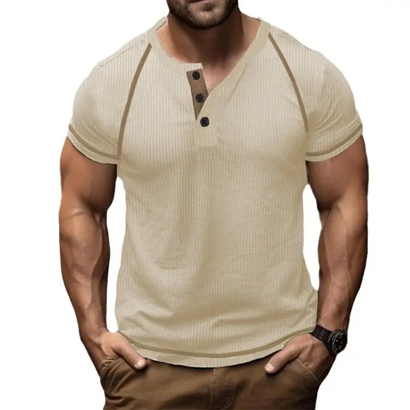 Men's Black Waffle Knit T-Shirt with Button Collar - Image 10