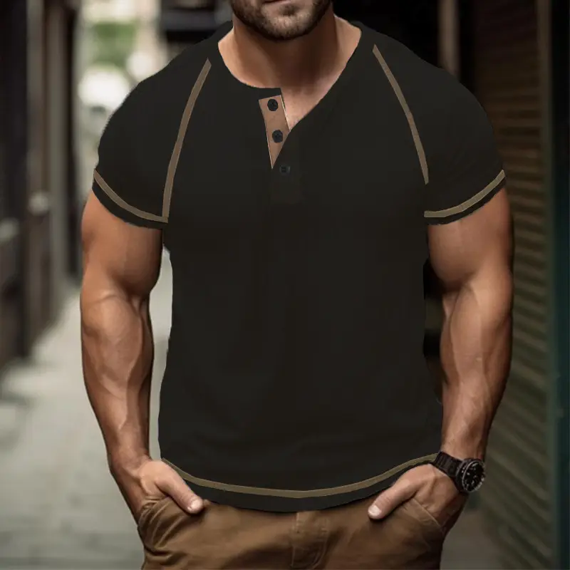 Men's Black Waffle Knit T-Shirt with Button Collar — feature 12