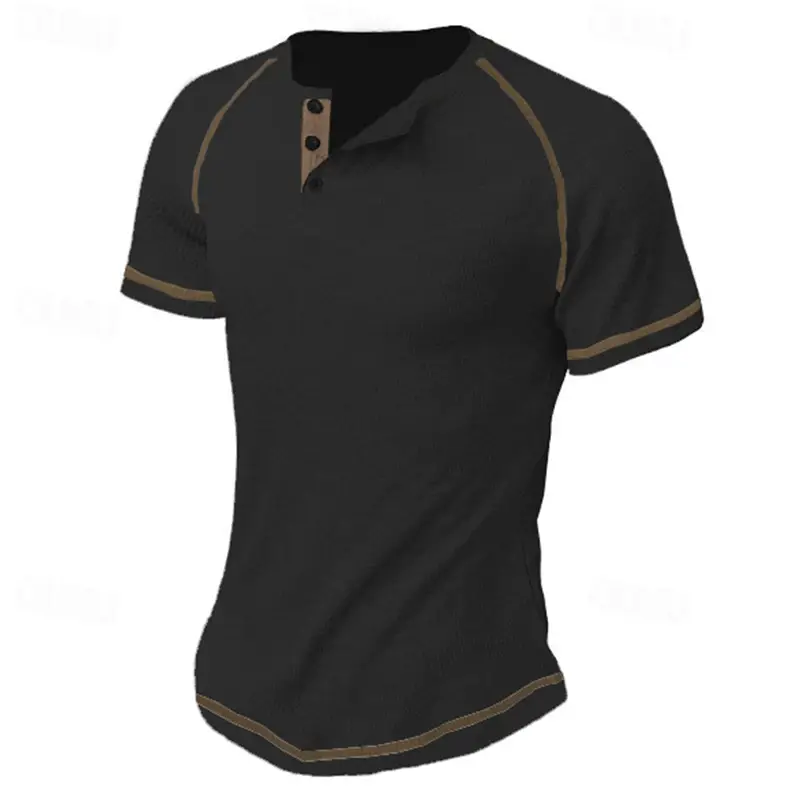 Men's Black Waffle Knit T-Shirt with Button Collar — feature 13