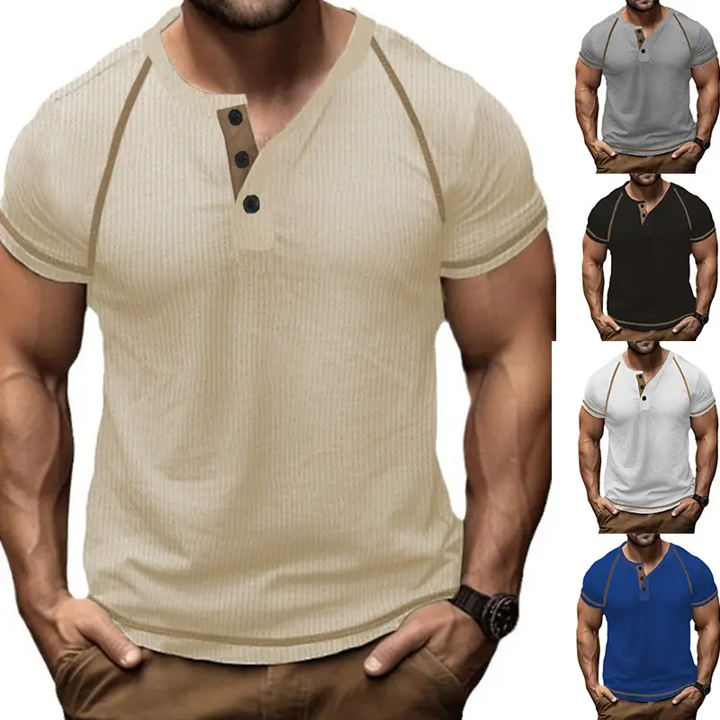 Men's Black Waffle Knit T-Shirt with Button Collar — feature 15